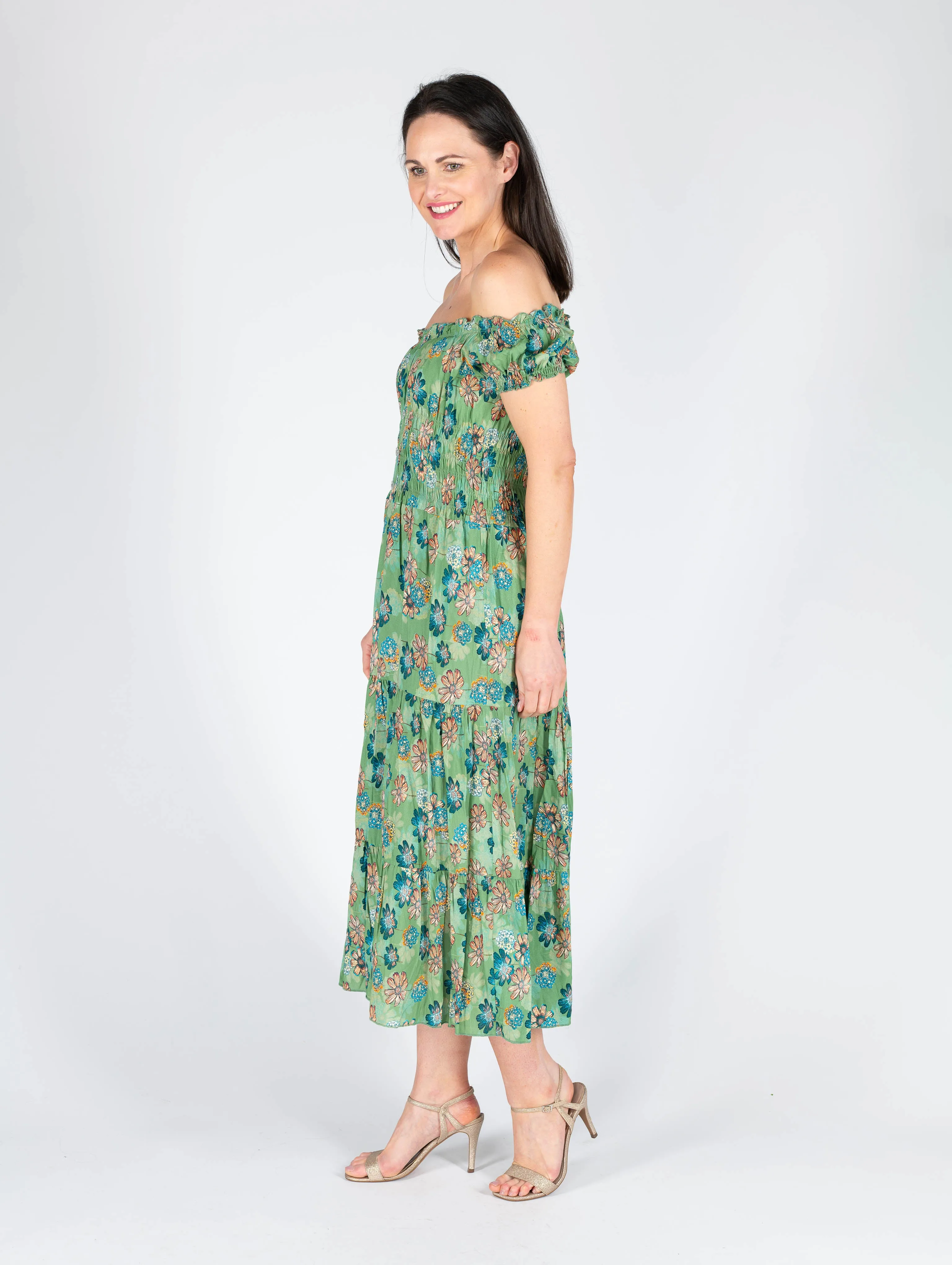Floral Print Gathered Neck Line - D29820 - Green