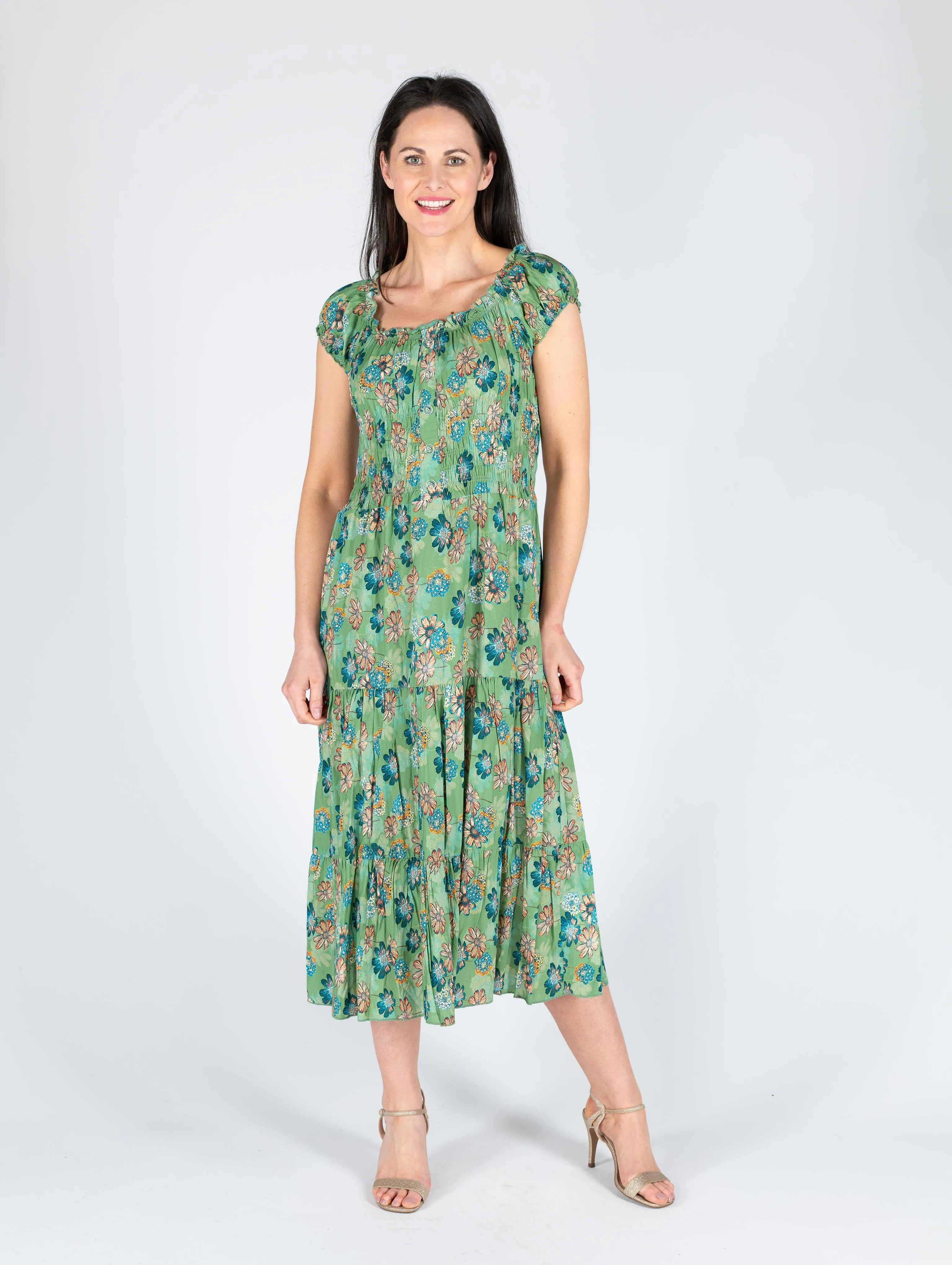 Floral Print Gathered Neck Line - D29820 - Green