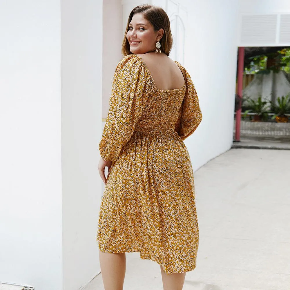 Floral Square Collar Plus Size Dress
