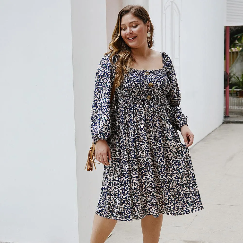 Floral Square Collar Plus Size Dress