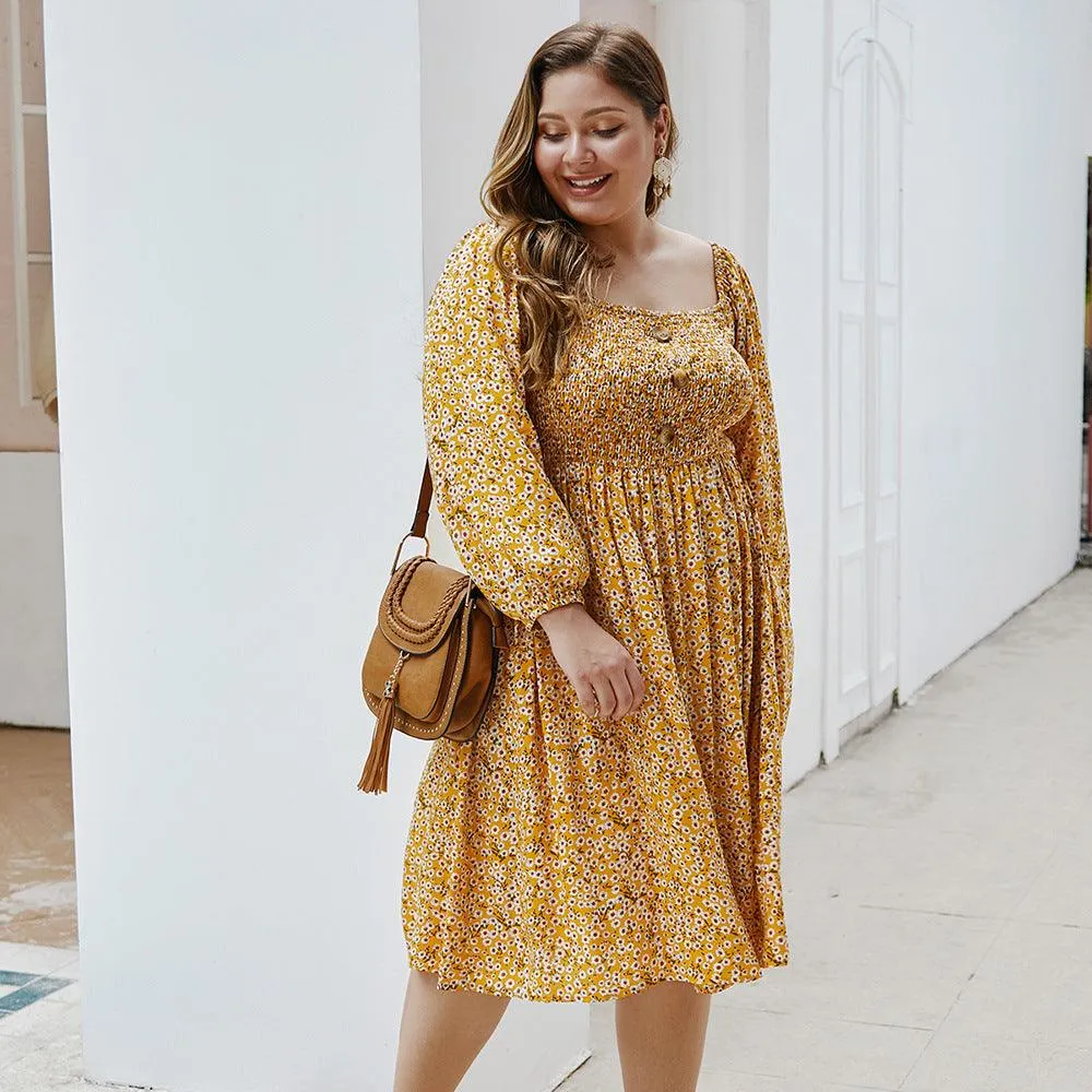 Floral Square Collar Plus Size Dress
