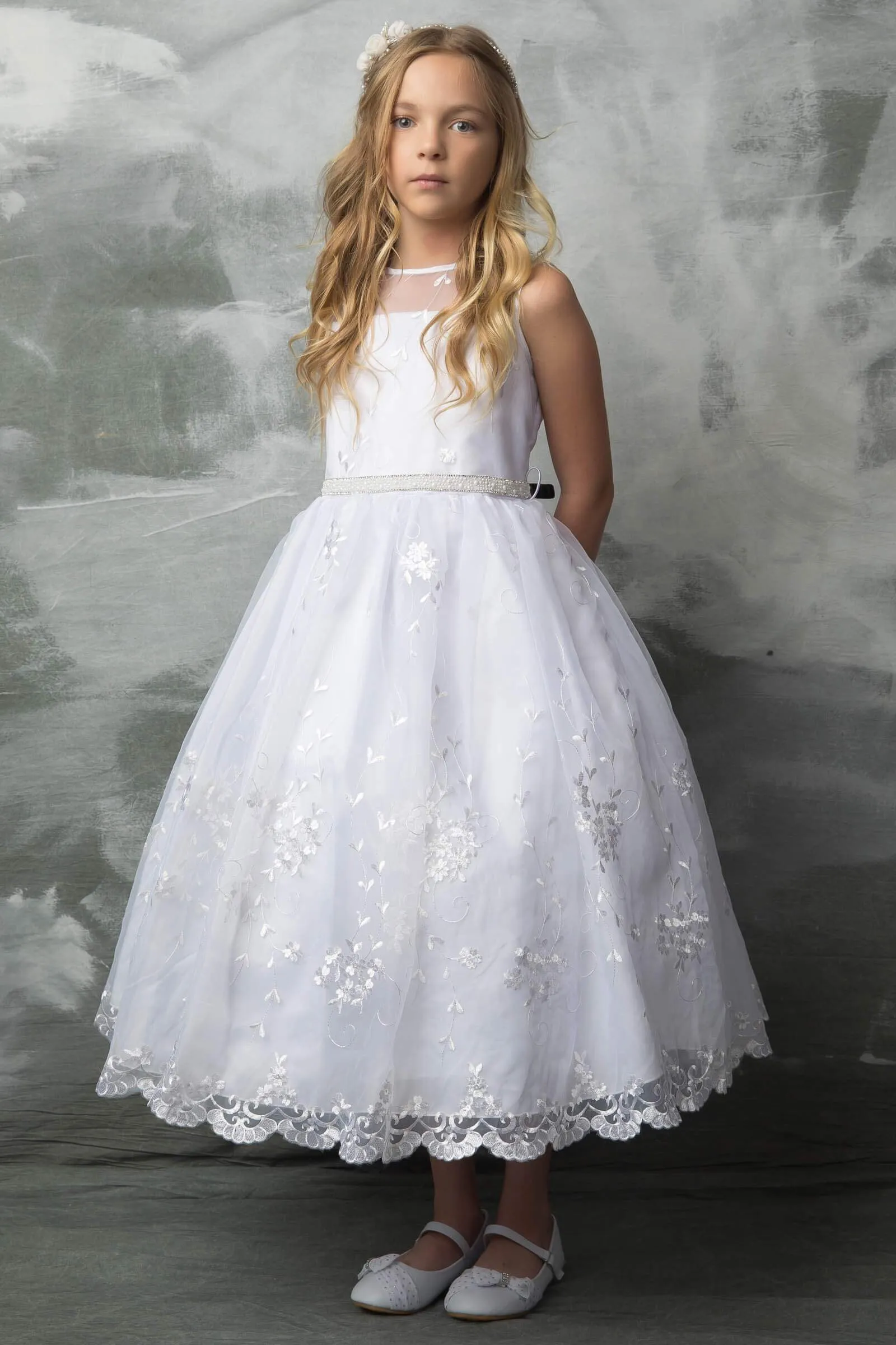 Flower Embroidered Organza  First Communion Dress