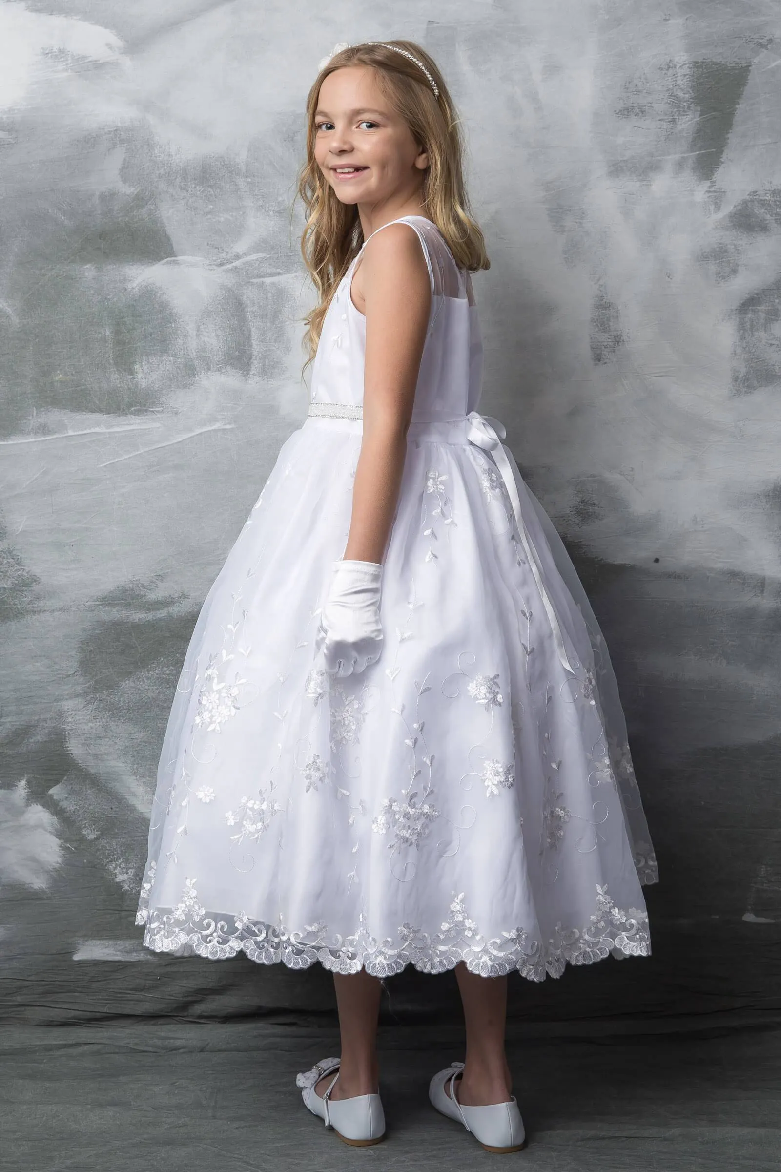Flower Embroidered Organza  First Communion Dress
