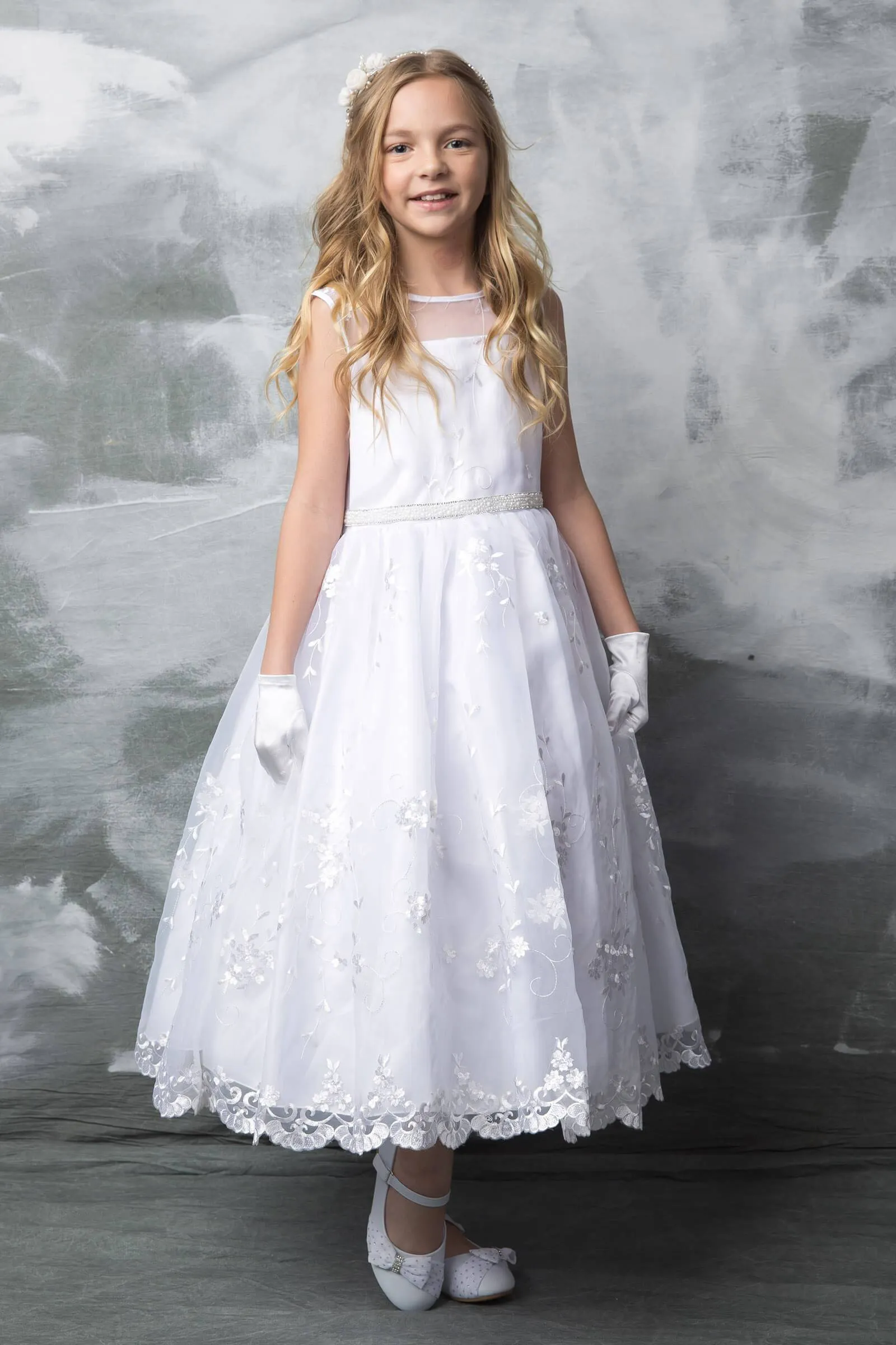 Flower Embroidered Organza  First Communion Dress