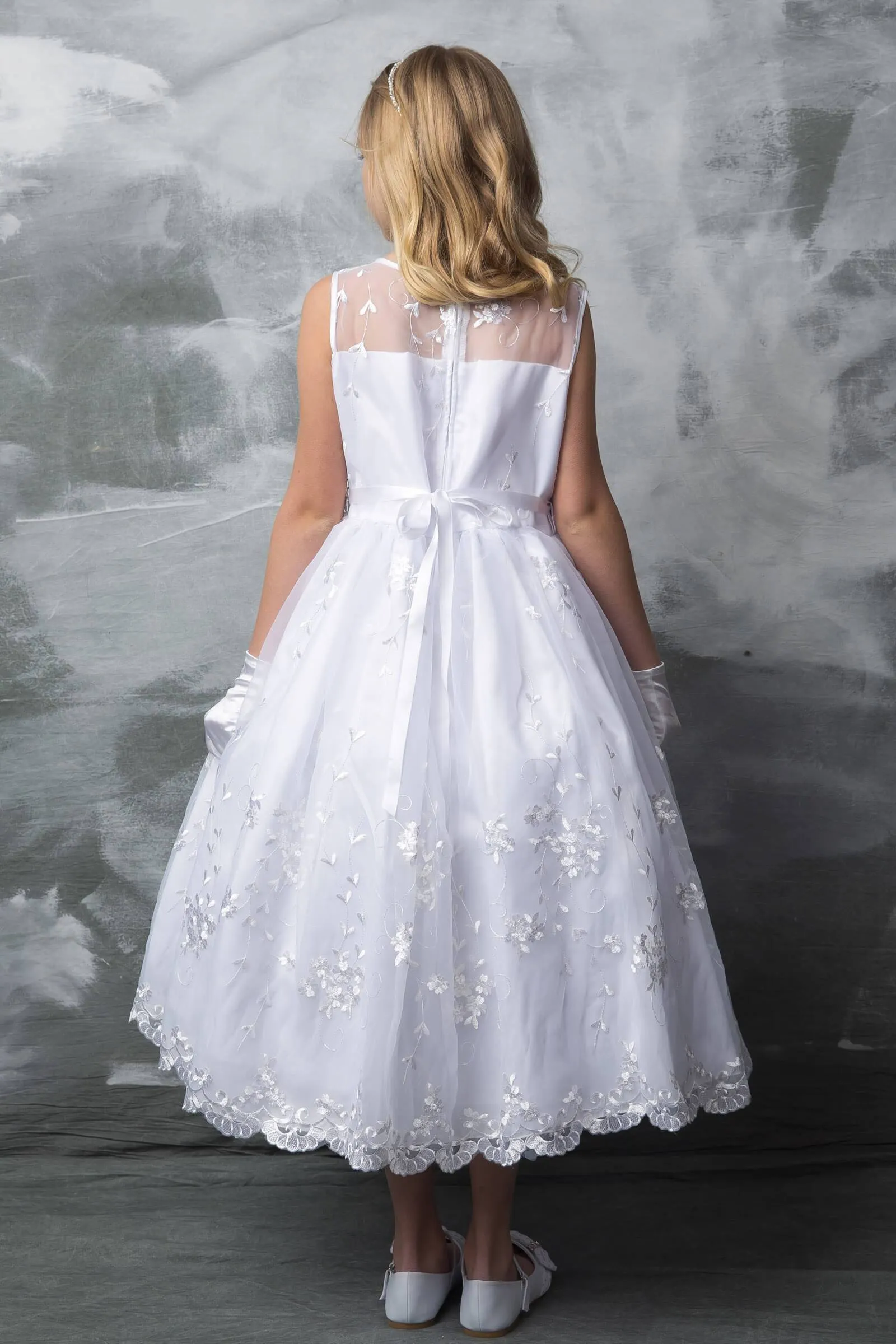 Flower Embroidered Organza  First Communion Dress