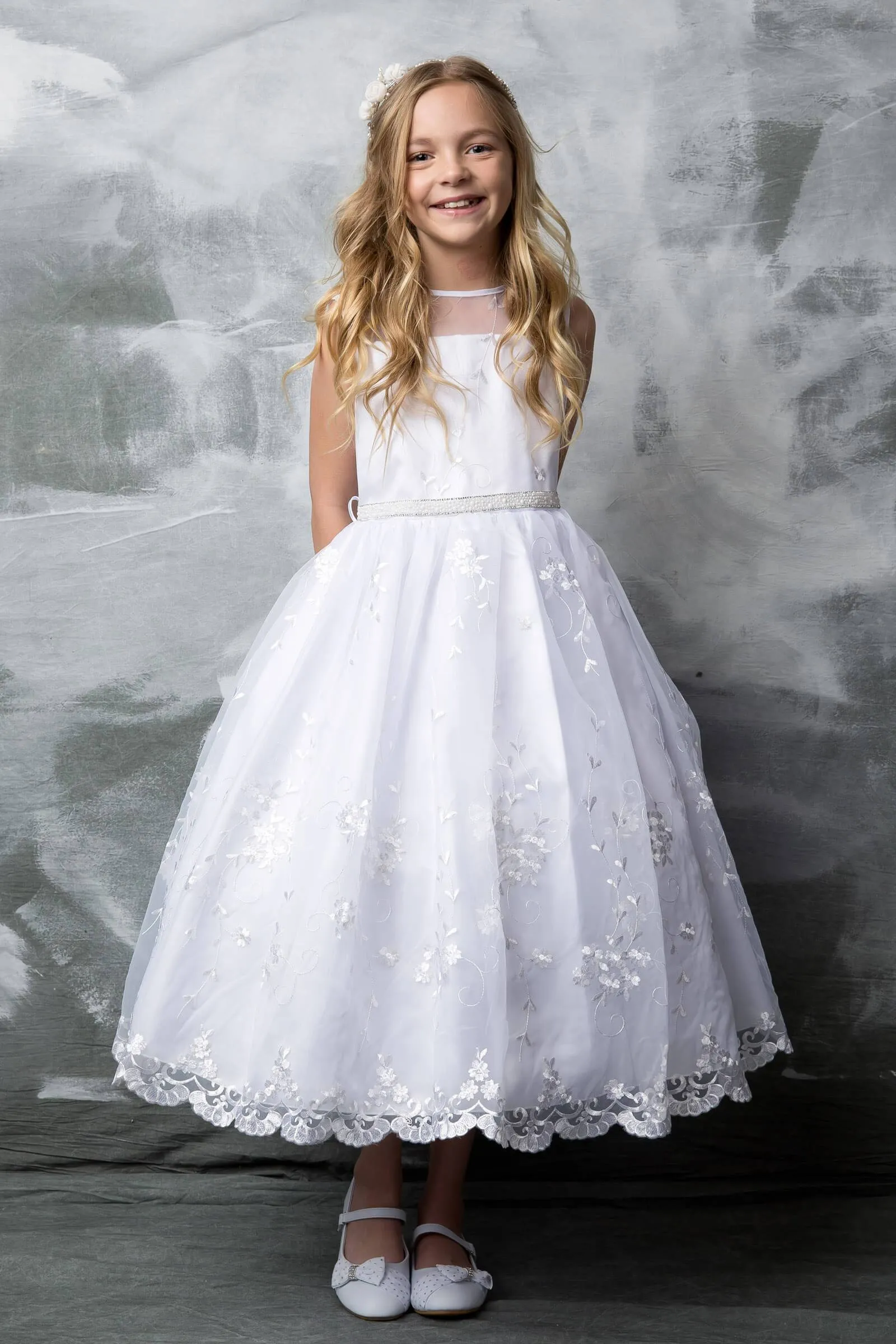 Flower Embroidered Organza  First Communion Dress