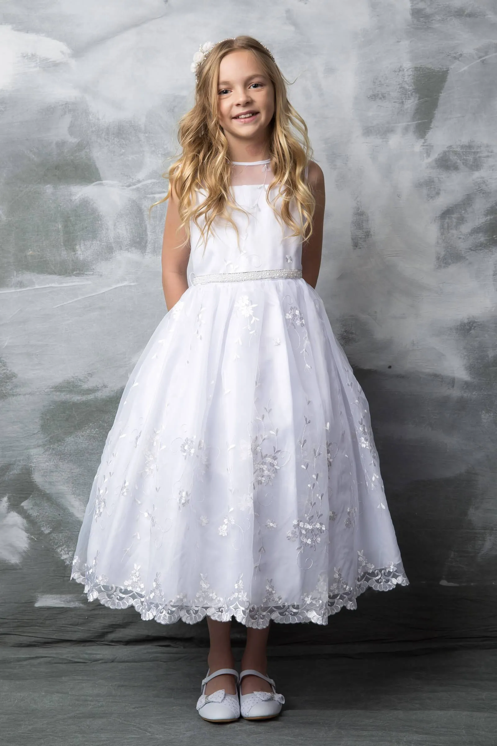 Flower Embroidered Organza  First Communion Dress