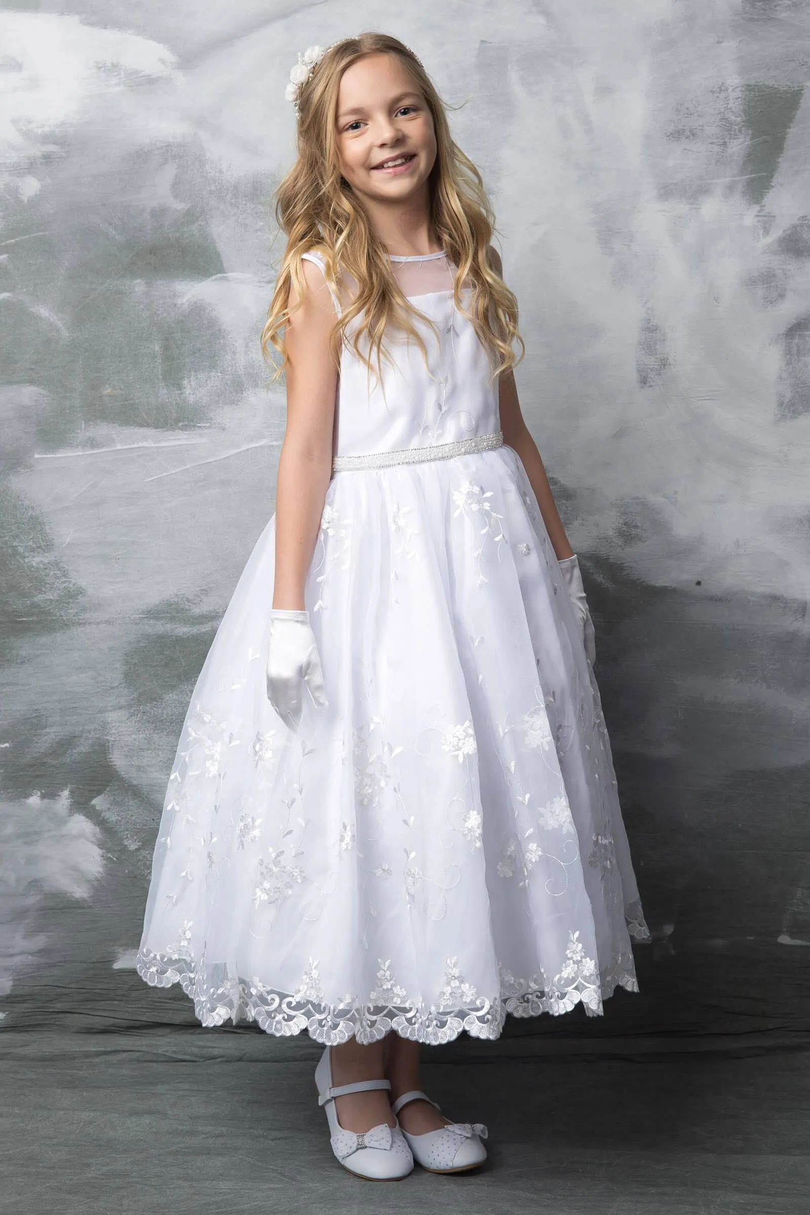 Flower Embroidered Organza  First Communion Dress