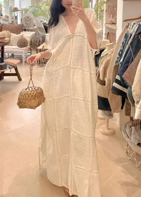 FLYTONN- Elegant White V Neck Hollow Out Side Open Knit Dresses Half Sleeve CG1013
