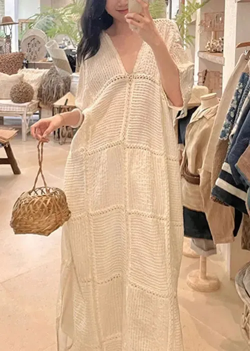FLYTONN- Elegant White V Neck Hollow Out Side Open Knit Dresses Half Sleeve CG1013