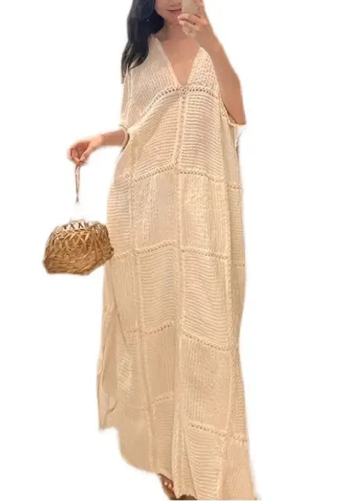 FLYTONN- Elegant White V Neck Hollow Out Side Open Knit Dresses Half Sleeve CG1013