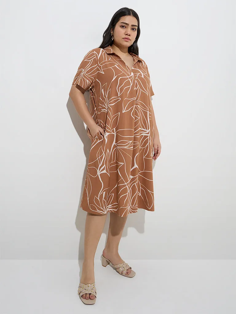 Gia Light Brown Foliage Design Cotton A-Line Dress
