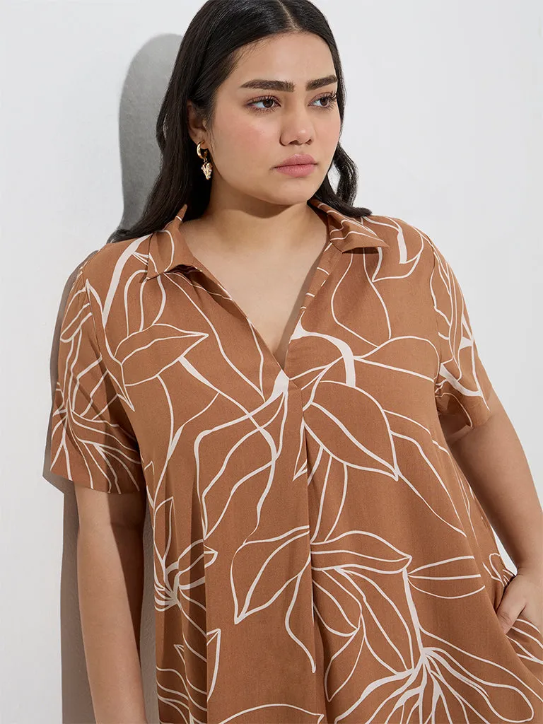 Gia Light Brown Foliage Design Cotton A-Line Dress