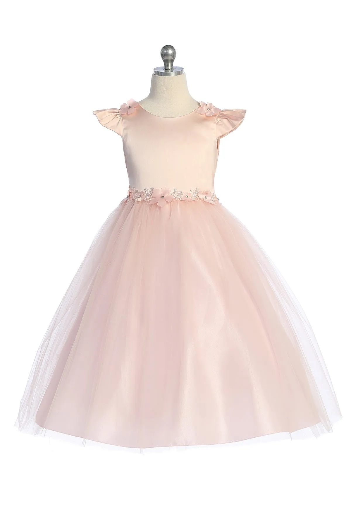 Girls Flutter Sleeve Floral Applique Flower Girl Dress 2-14
