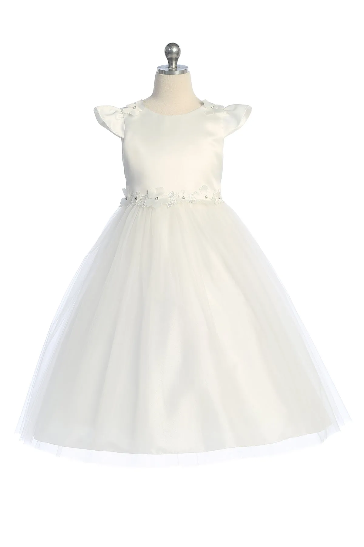 Girls Flutter Sleeve Floral Applique Flower Girl Dress 2-14
