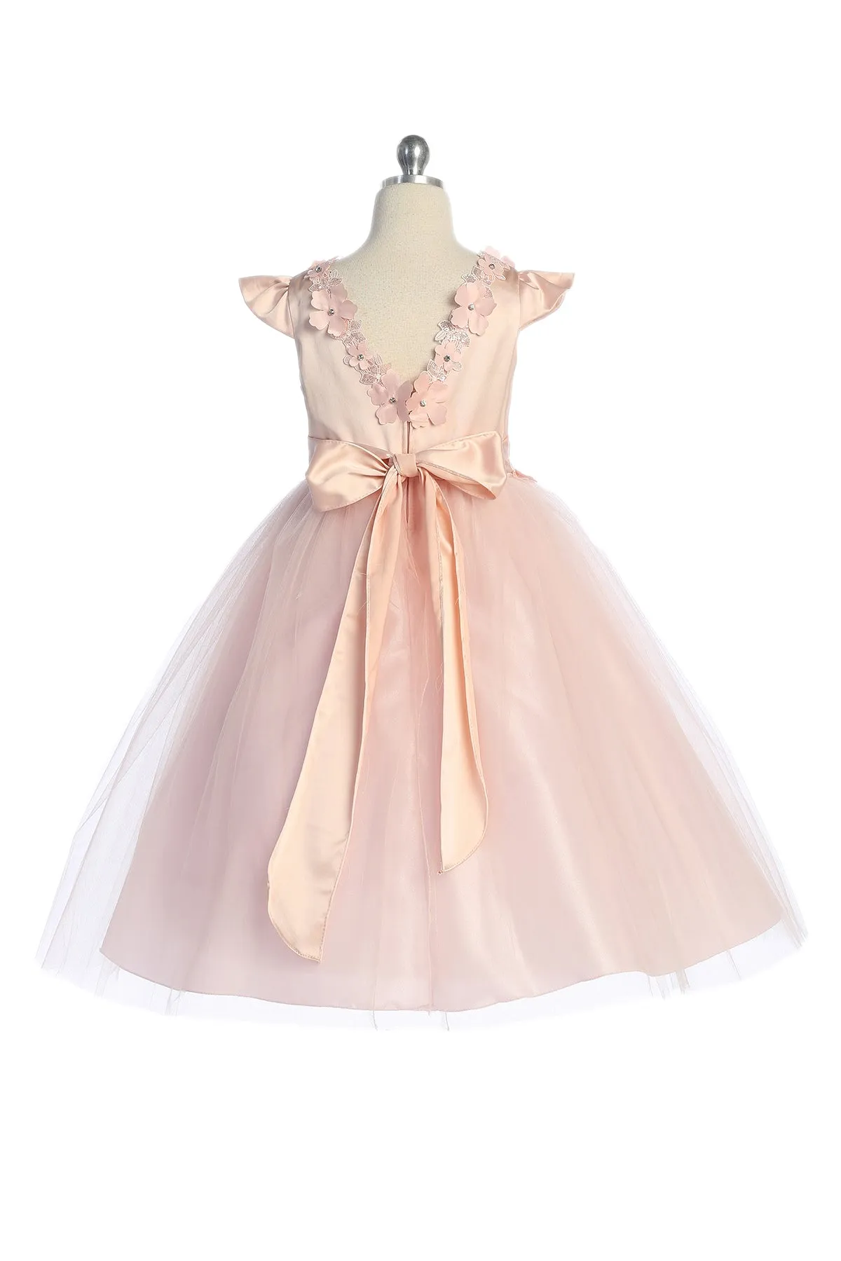 Girls Flutter Sleeve Floral Applique Flower Girl Dress 2-14