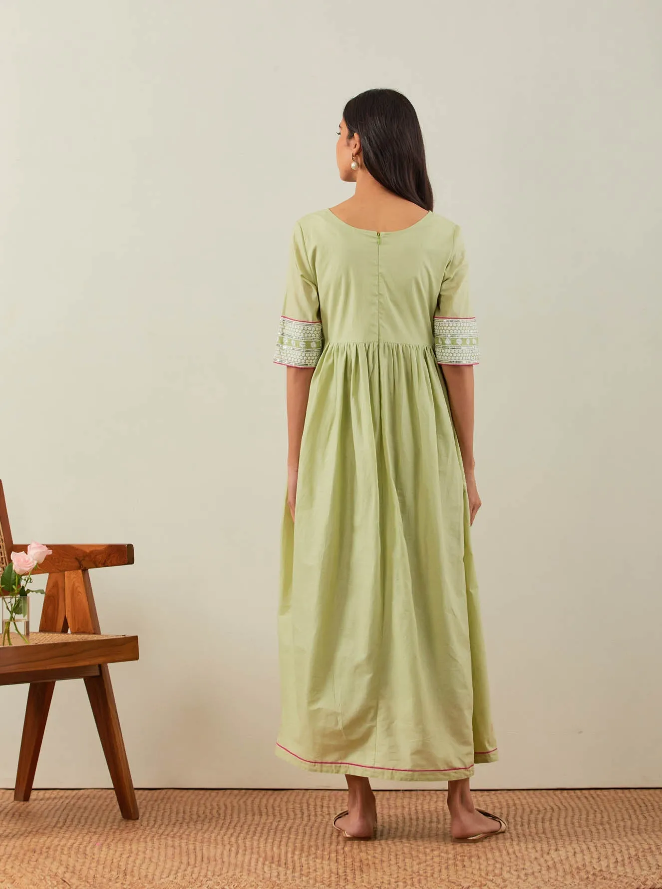 Green Plain Markab Anarkali Dress With Chikankari Border