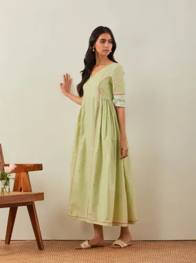 Green Plain Markab Anarkali Dress With Chikankari Border