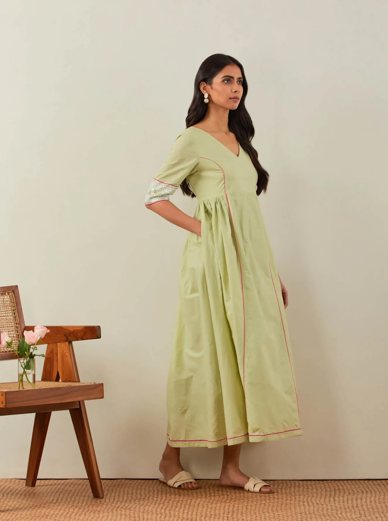 Green Plain Markab Anarkali Dress With Chikankari Border