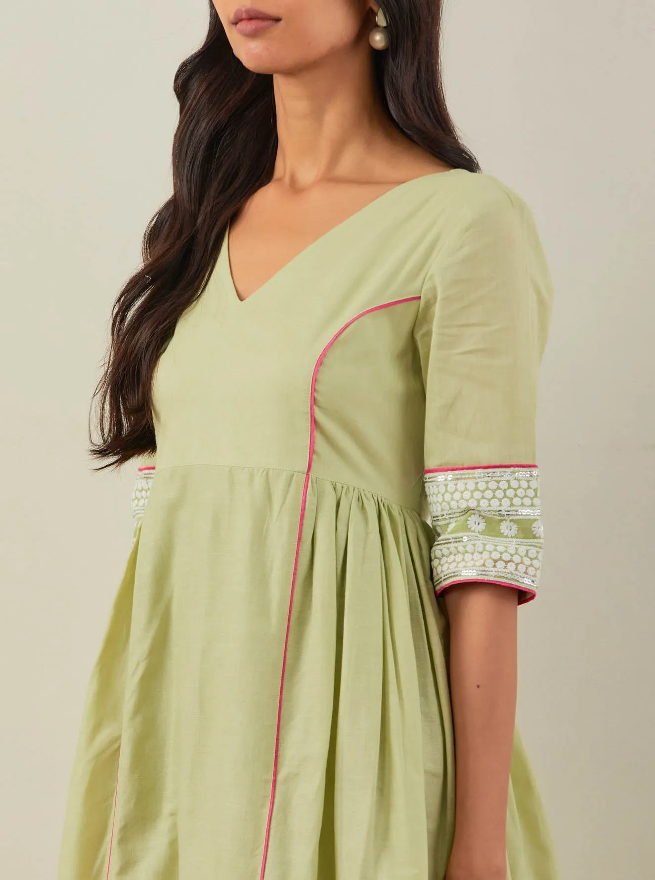 Green Plain Markab Anarkali Dress With Chikankari Border