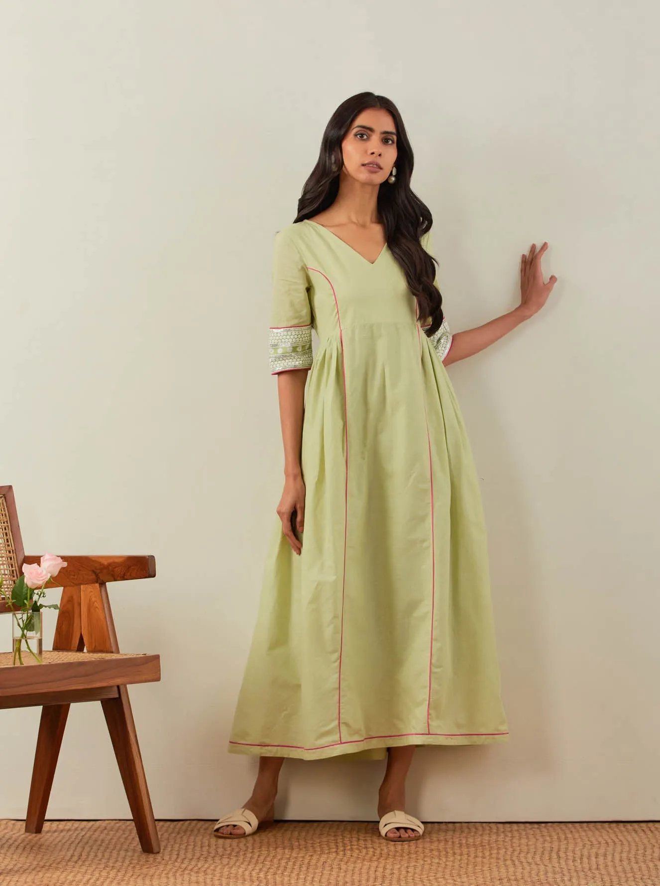 Green Plain Markab Anarkali Dress With Chikankari Border