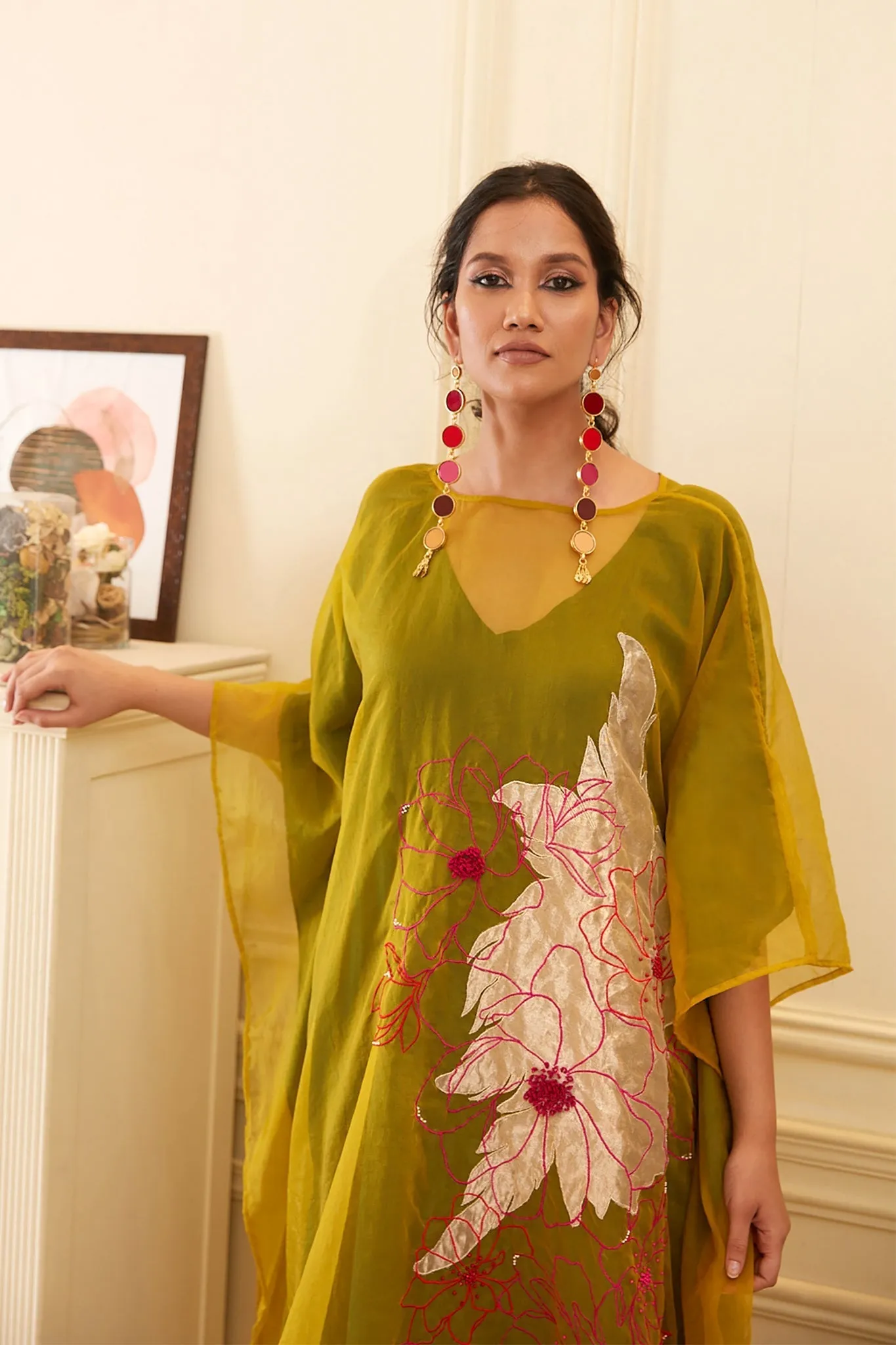 Green Silk Organza Kaftan Dress