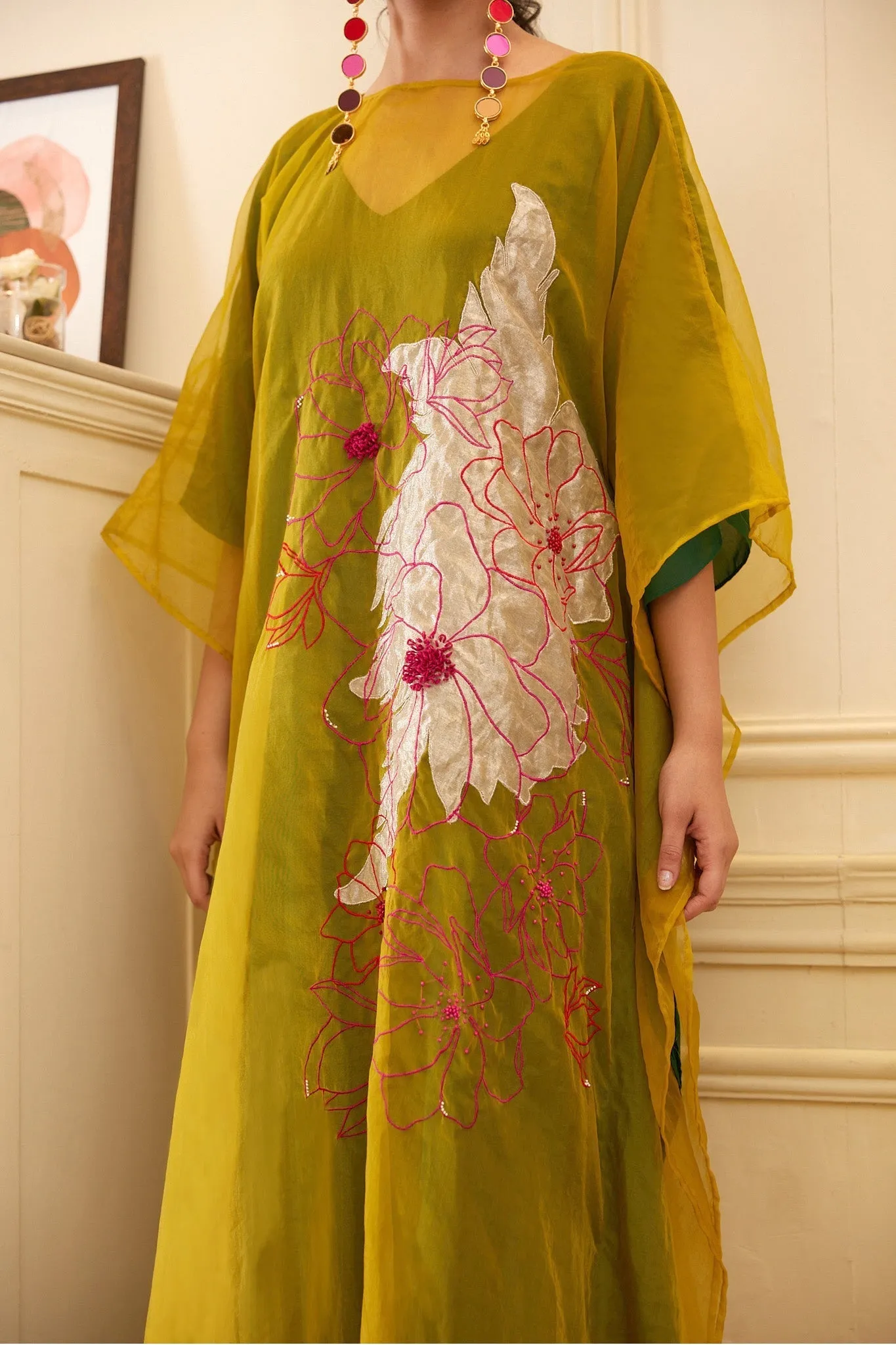 Green Silk Organza Kaftan Dress