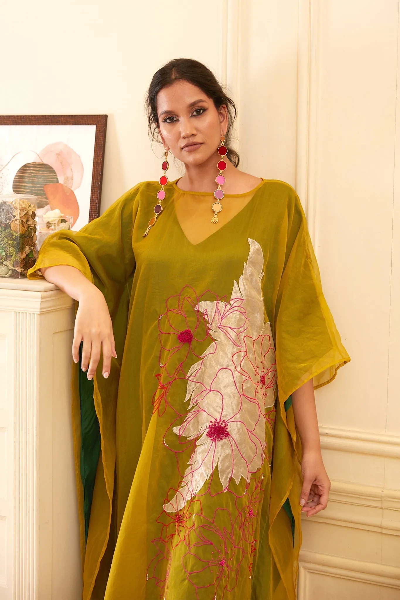 Green Silk Organza Kaftan Dress