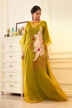 Green Silk Organza Kaftan Dress