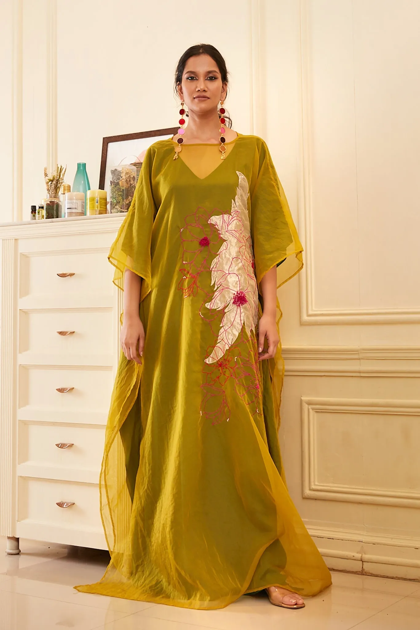 Green Silk Organza Kaftan Dress