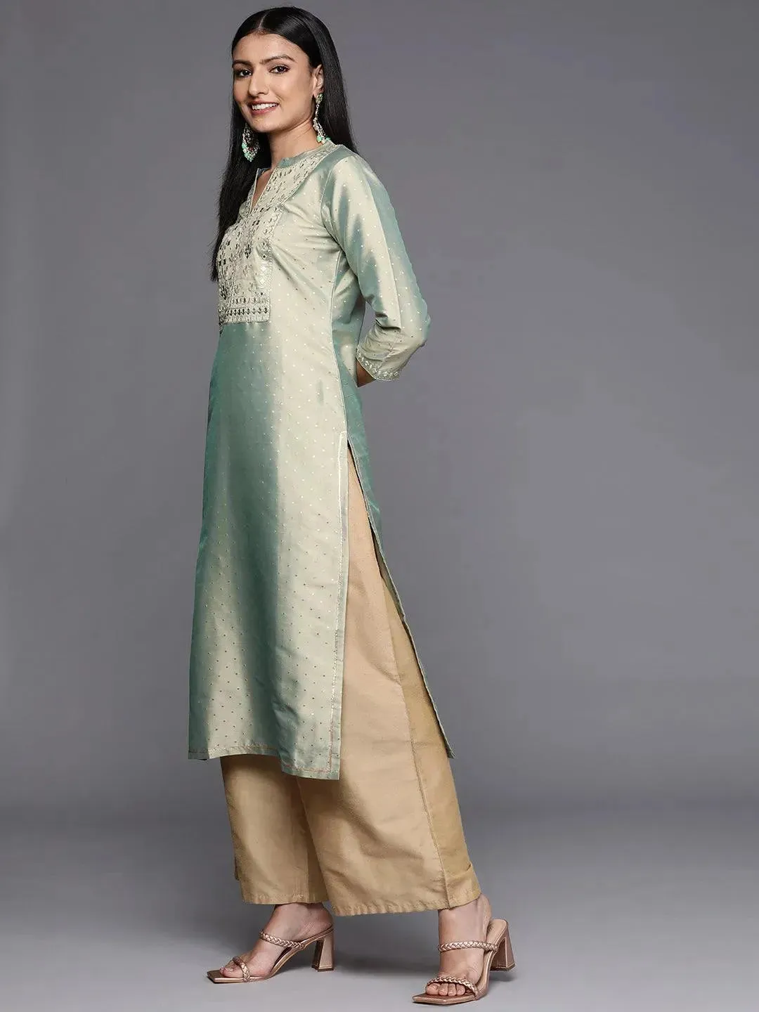 Green Yoke Design Art Silk Straight Kurta