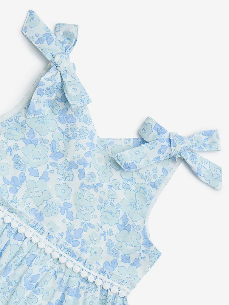 HOP Baby Light Blue Floral Design Cotton Tiered Dress