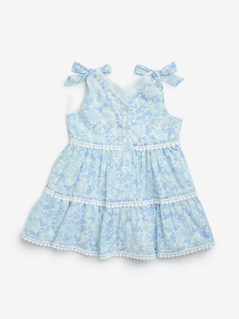 HOP Baby Light Blue Floral Design Cotton Tiered Dress