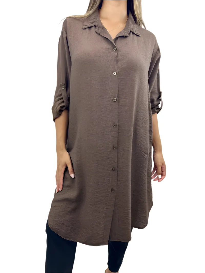Italian Shirt Dress With Buttoned Up Sleeves One Size