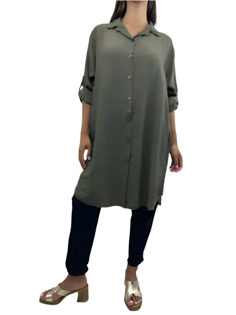 Italian Shirt Dress With Buttoned Up Sleeves One Size