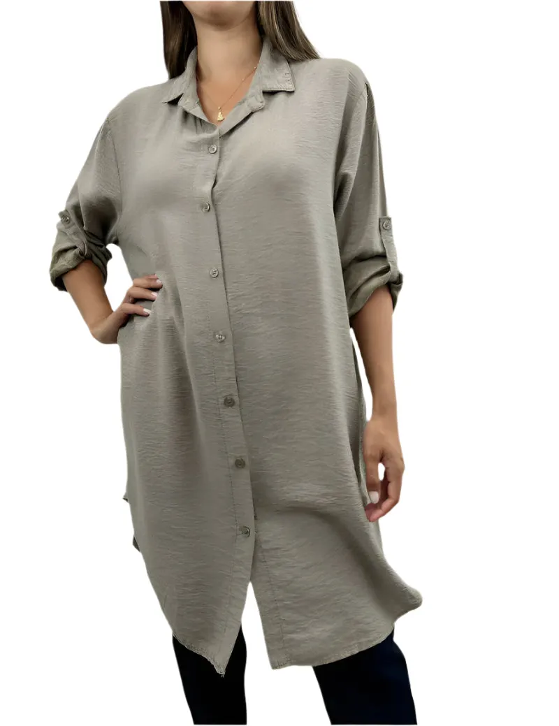 Italian Shirt Dress With Buttoned Up Sleeves One Size