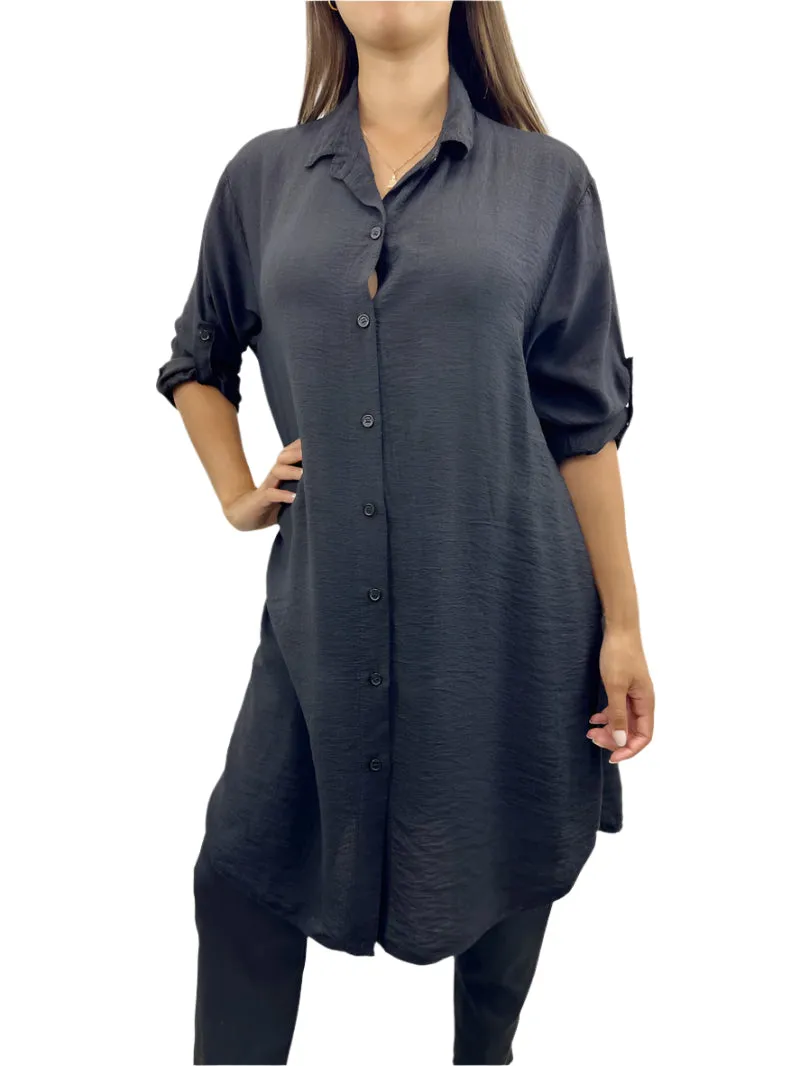 Italian Shirt Dress With Buttoned Up Sleeves One Size