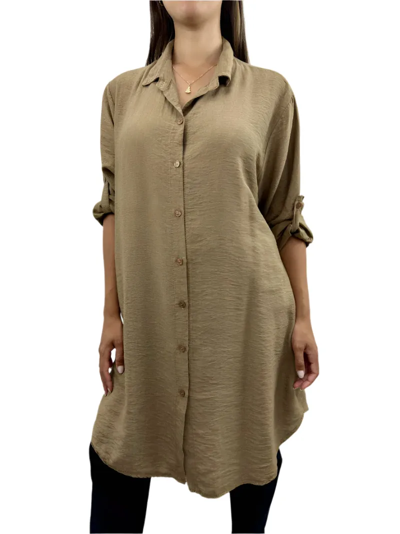 Italian Shirt Dress With Buttoned Up Sleeves One Size