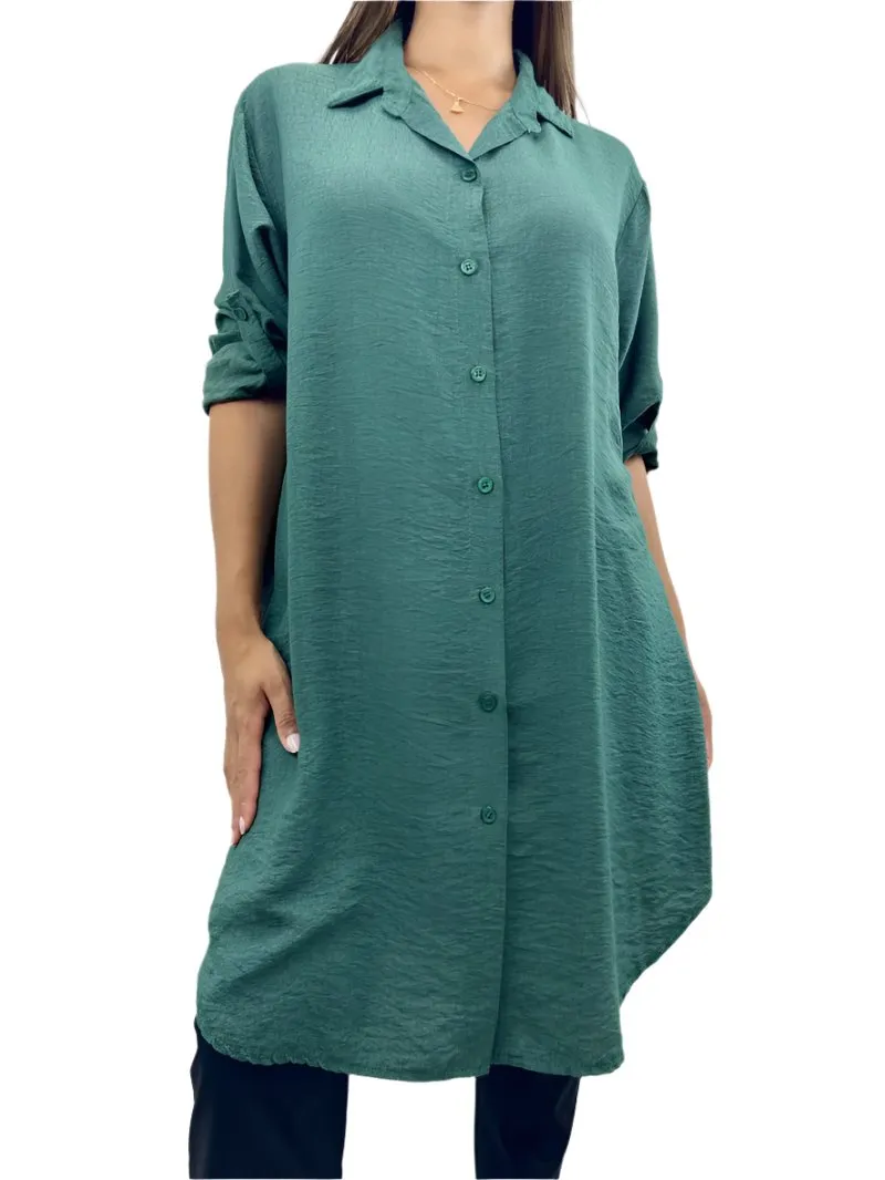 Italian Shirt Dress With Buttoned Up Sleeves One Size