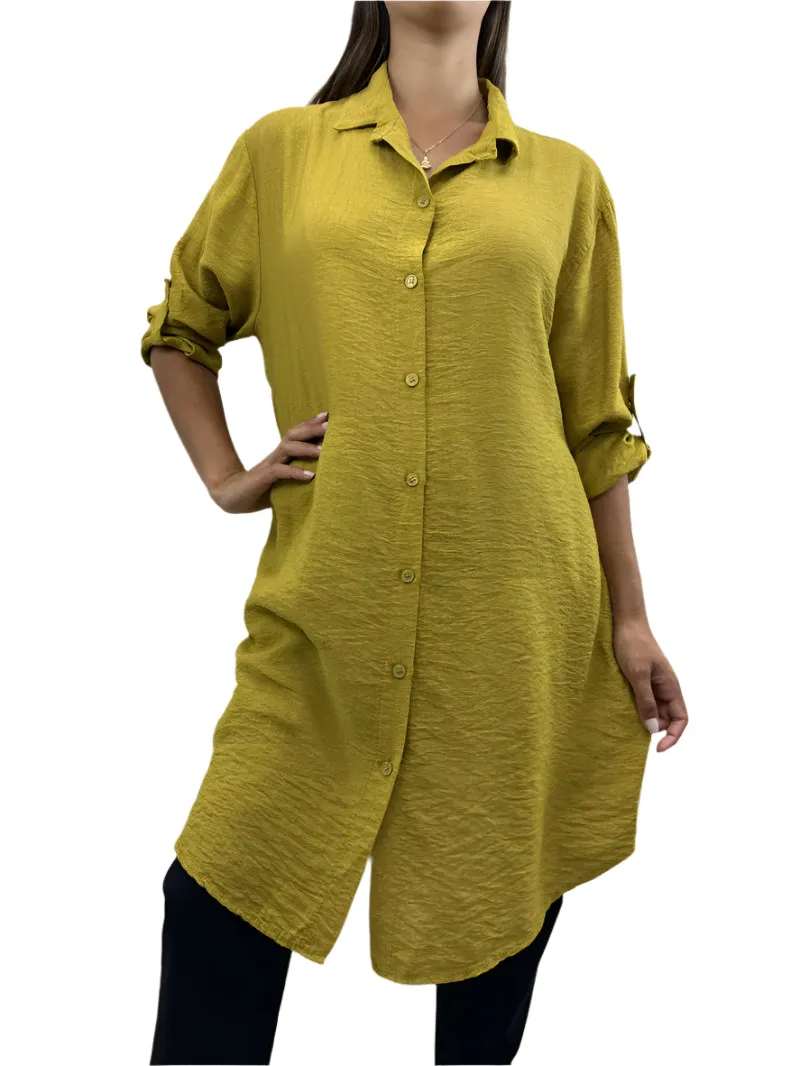Italian Shirt Dress With Buttoned Up Sleeves One Size