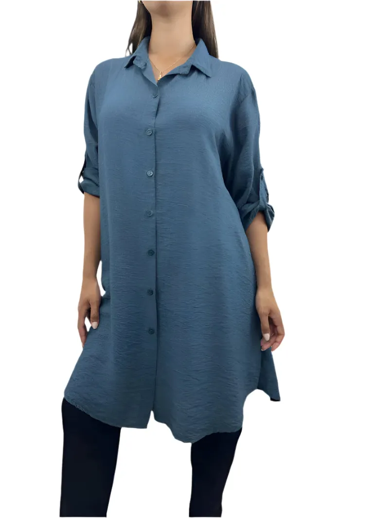 Italian Shirt Dress With Buttoned Up Sleeves One Size