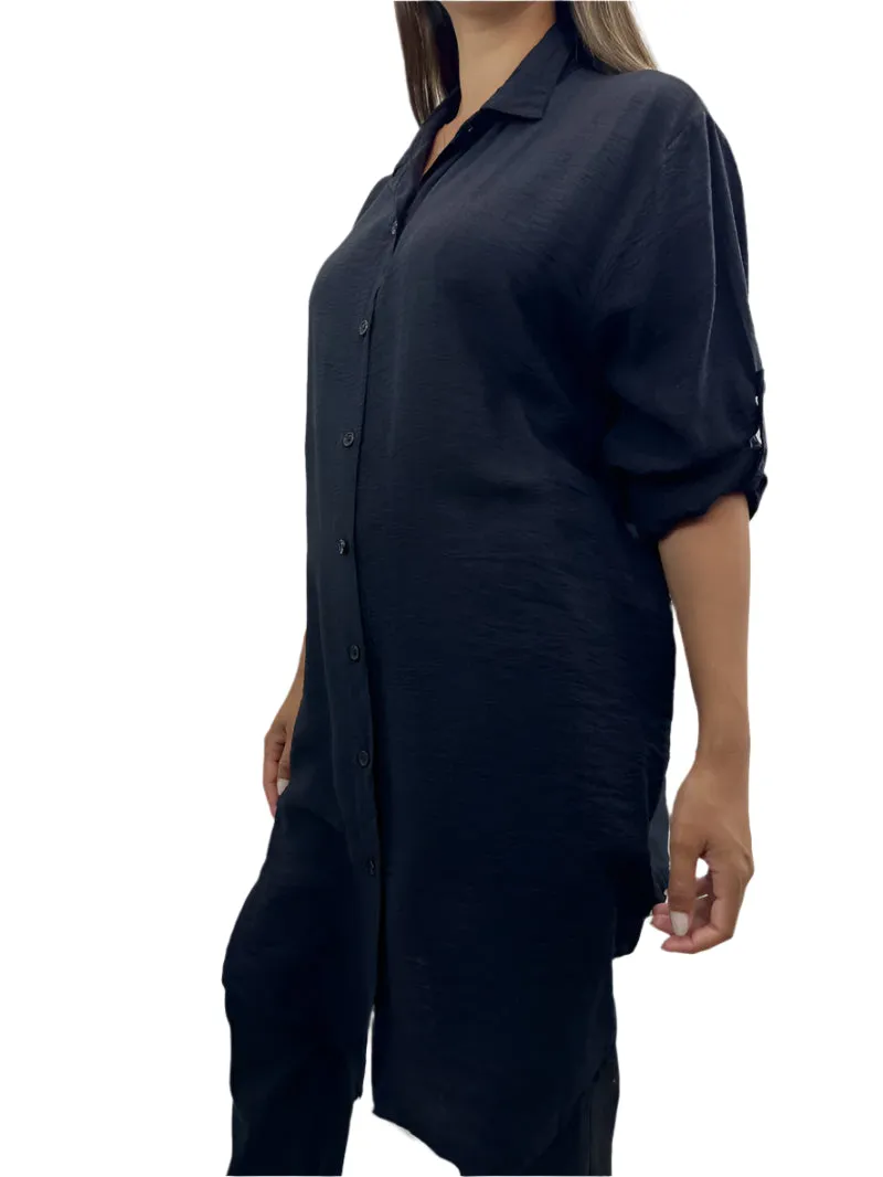 Italian Shirt Dress With Buttoned Up Sleeves One Size