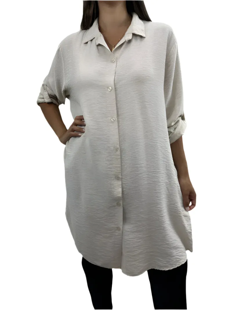Italian Shirt Dress With Buttoned Up Sleeves One Size