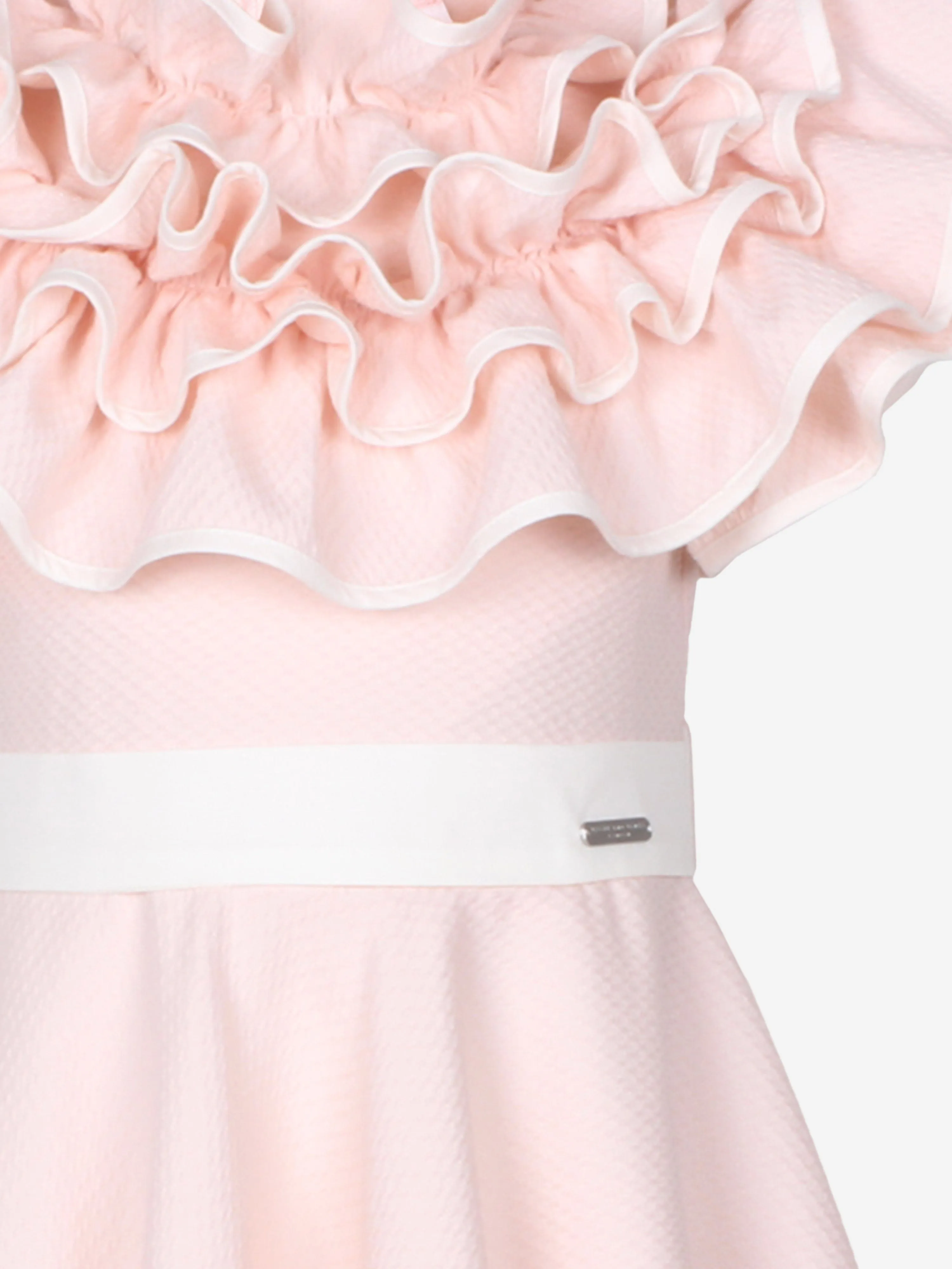 Jessie And James Girls Dotty Jacquard Frilly Glamour Dress in Pink