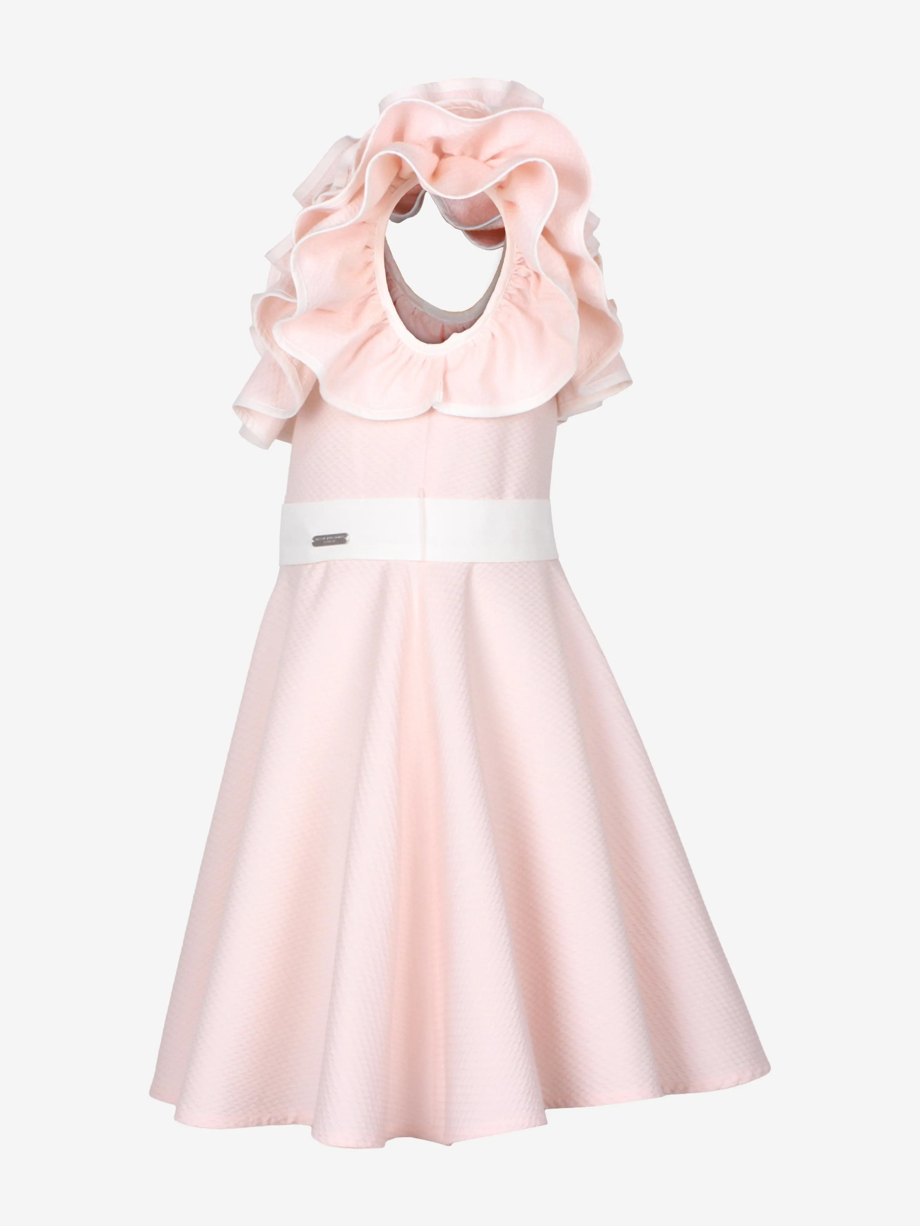 Jessie And James Girls Dotty Jacquard Frilly Glamour Dress in Pink