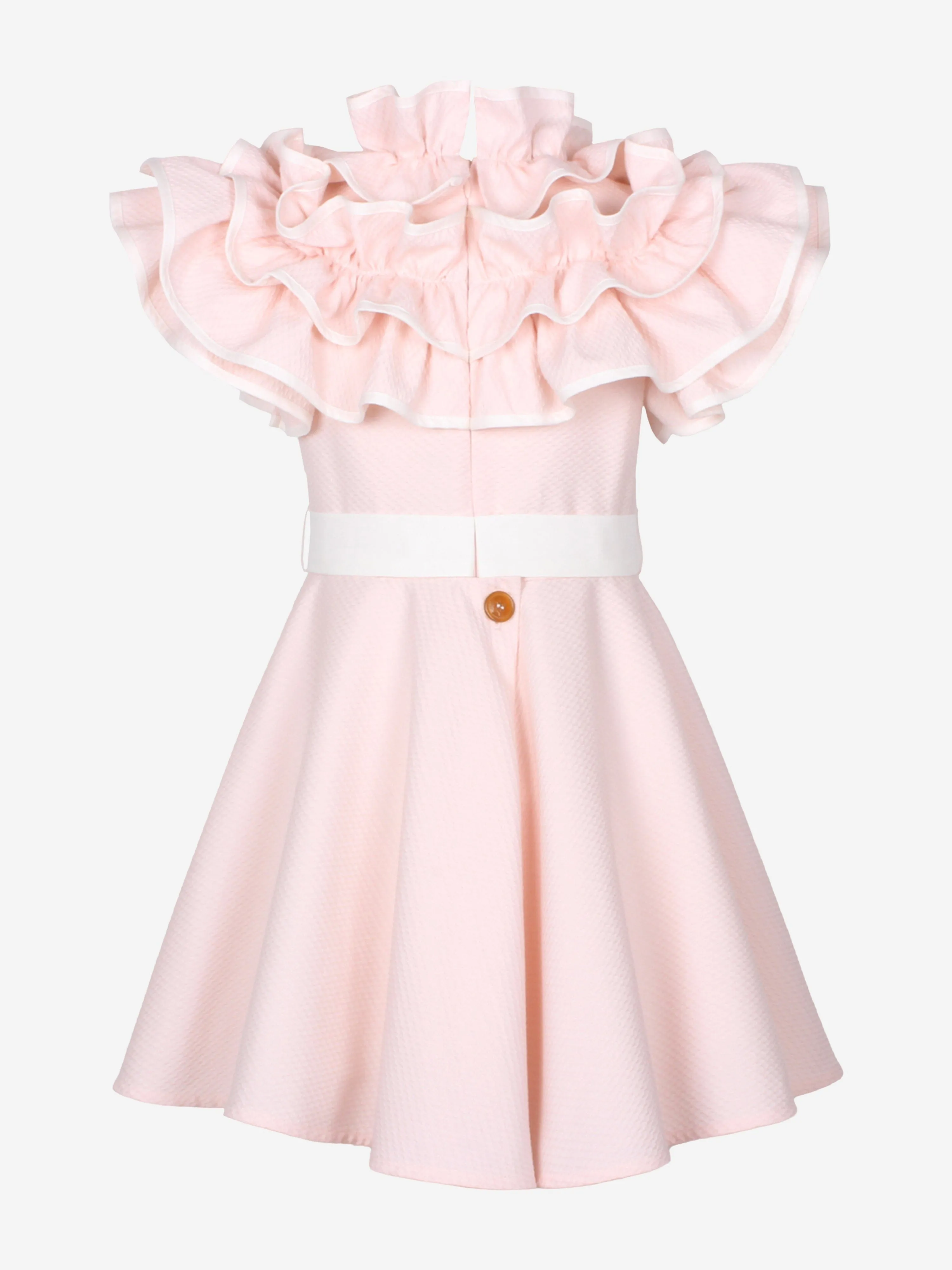 Jessie And James Girls Dotty Jacquard Frilly Glamour Dress in Pink