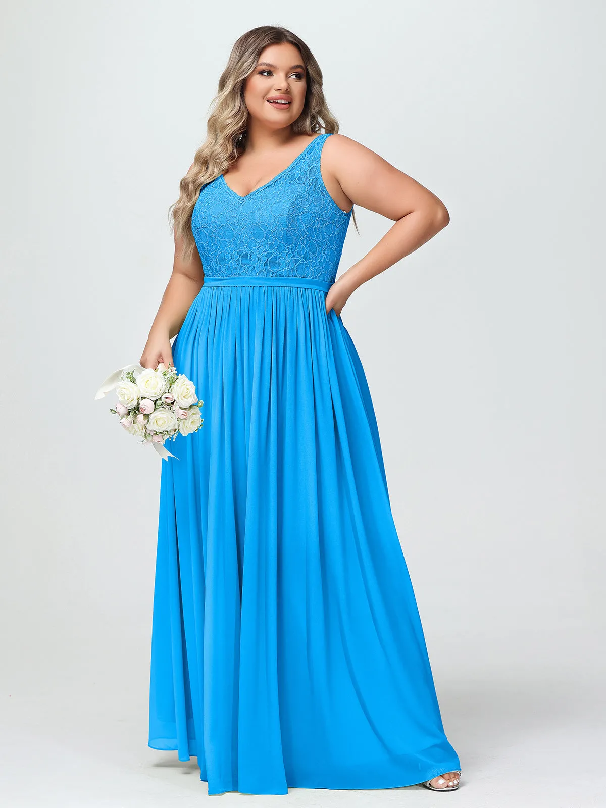 Lace Top and Chiffon Bottom Long Dresses Ocean Blue
