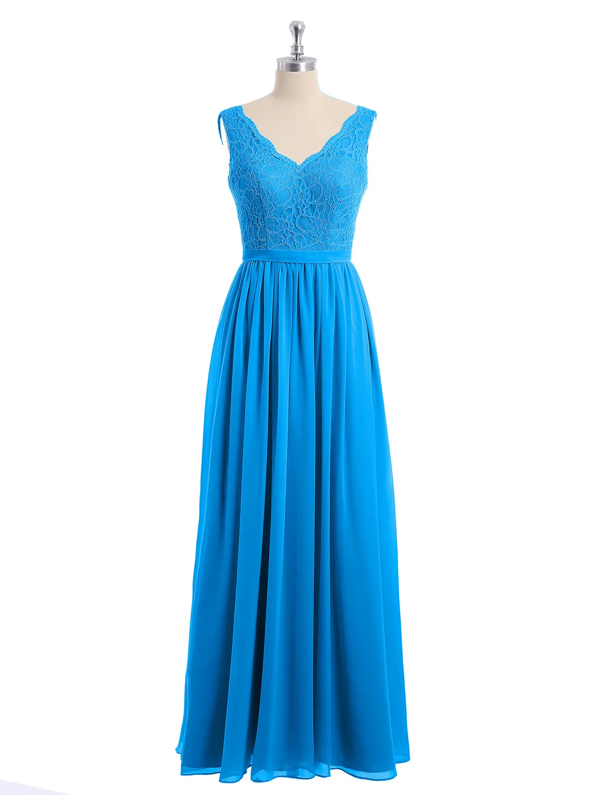 Lace Top and Chiffon Bottom Long Dresses Ocean Blue