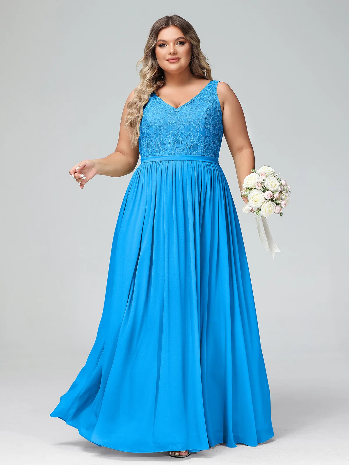 Lace Top and Chiffon Bottom Long Dresses Ocean Blue