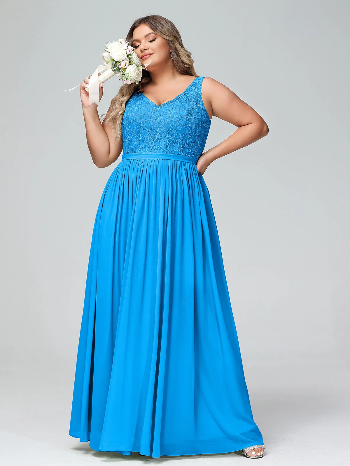 Lace Top and Chiffon Bottom Long Dresses Ocean Blue